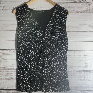 Black with white polka dots V Neck tank topTwisted knot at the chestScalloped